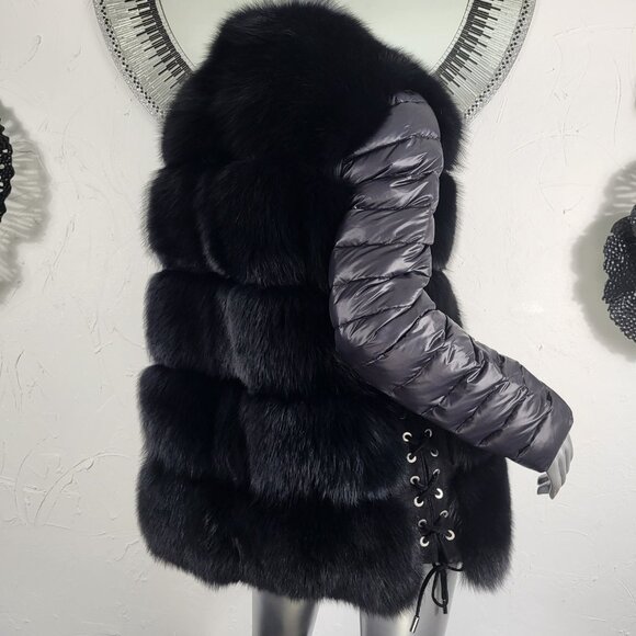 $1800~LINDA RICHARDS~SZ L~REVERSIBLE BLACK GENUINE REAL FOX FUR COAT JACKET VEST - Picture 1 of 16